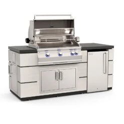 Fire Magic 77-Inch Outdoor Kitchen Island With 30-Inch Aurora Gas Grill, Refrigerator And Doors
